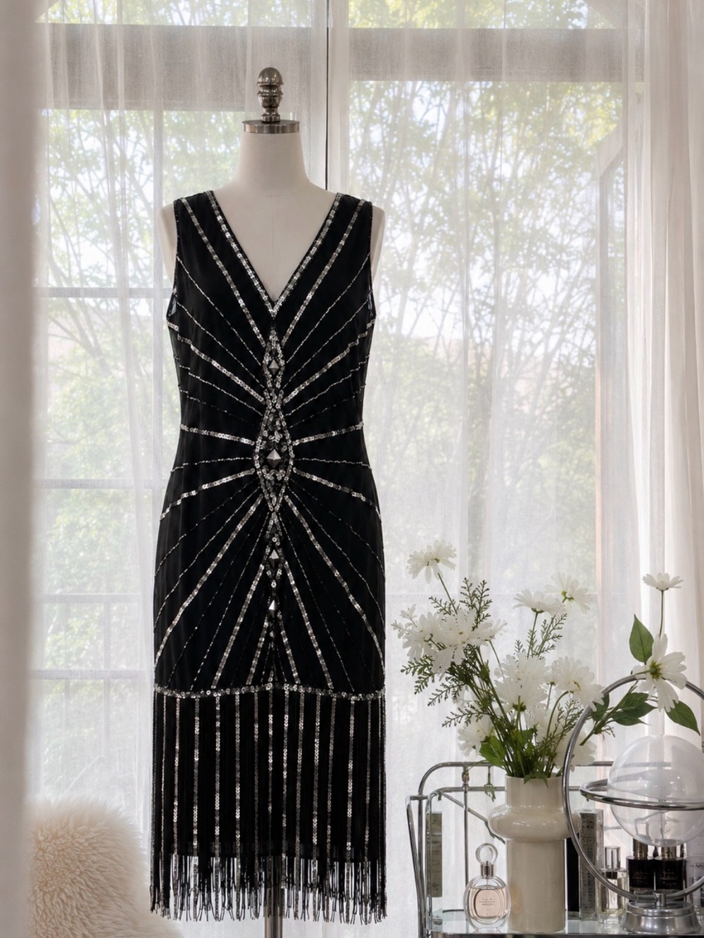 Black Beaded Fringe V-Neck Evening Dress